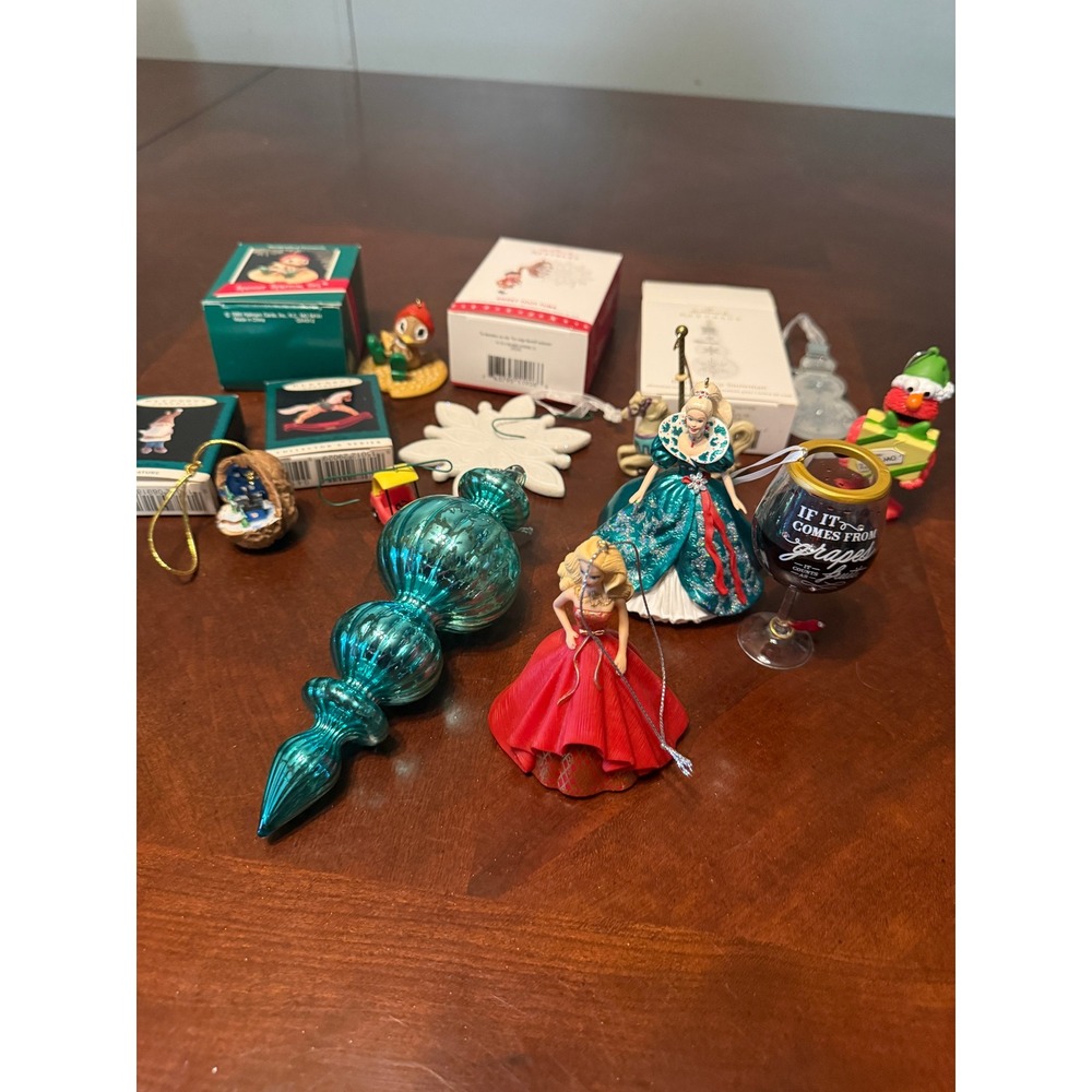 Hallmark Keepsake Ornament Lot Barbie Elmo Spencer Sparrow Teal Glass Finial 12p